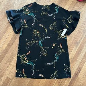 Worthington Botanical Floral Print Shift Dress Double Ruffle Sleeve Size XL